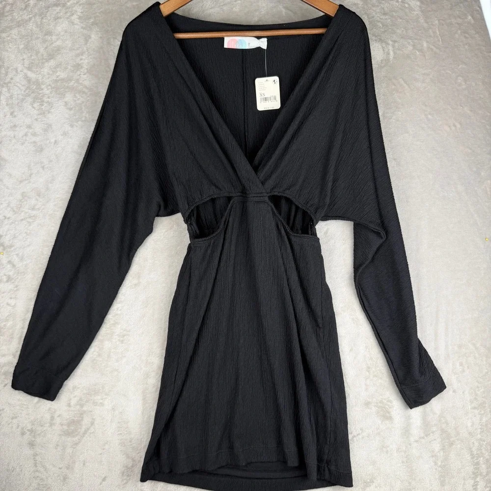 Free People FP Beach Black Crinkle Cut-Out Mini Dress Long Sleeve XS New